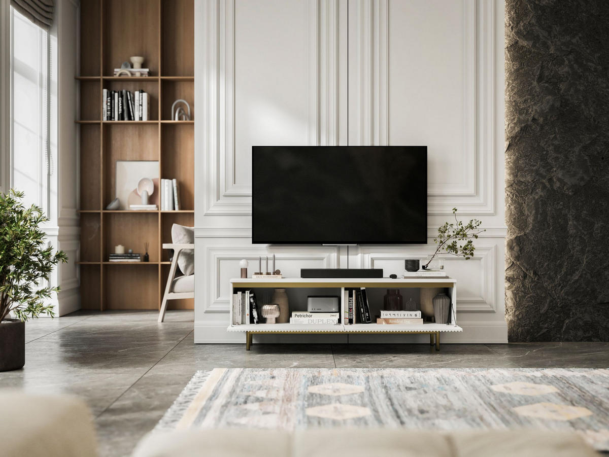 TV-SCHRANK Selene Weiß Matt 140 cm mit Metallrahmen Glamour - Goldfarben/Weiß, Holzwerkstoff (140/44/35cm) - Meble Lindner