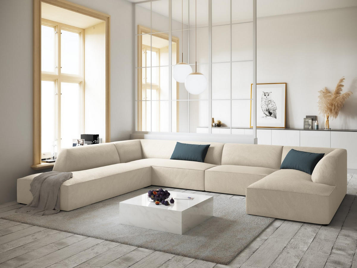 PANORAMASOFA links Ruby aus Cord leichtes beige 7 Sitzplätze - Creme, Textil (273/69/366cm) - Micadoni