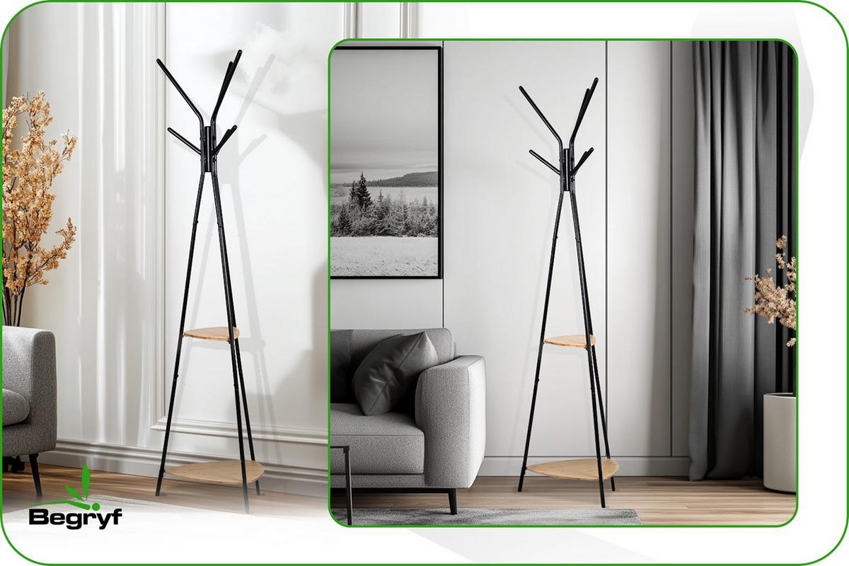 KLEIDERSTÄNDER Bambusoptik Metall Dunkelbraun Schwarz mit Ablagen 179×49 cm - Schwarz/Naturfarben, Holzwerkstoff/Metall (49/179/49cm) - Begryf