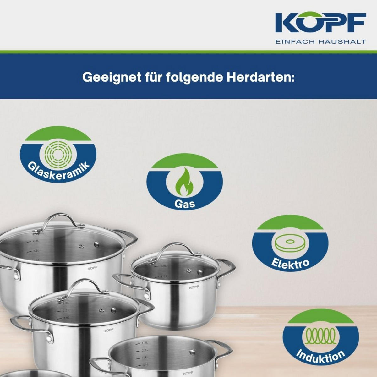 TOPFSET Clara, Edelstahl, Induktion, Literskala, 8-teilig - Edelstahlfarben, Metall - KOPF