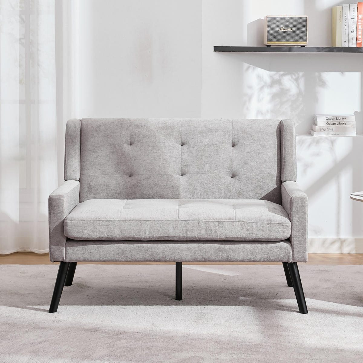 ČALOUNĚNÁ lavice 2místná světle šedá z látky s prošitím a nohami z masivního dřeva - světle modrá, textil (75/88/119cm) - OKWISH