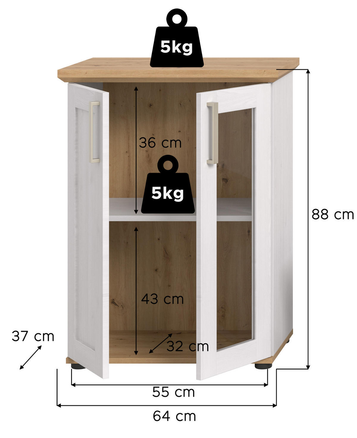VITRINE weiß Lärche, Eiche Artisan 64 cm, Highboard im Landhaus-Stil - Silberfarben/Schwarz, Holzwerkstoff/Kunststoff (64/88/37cm) - Inn.Furn