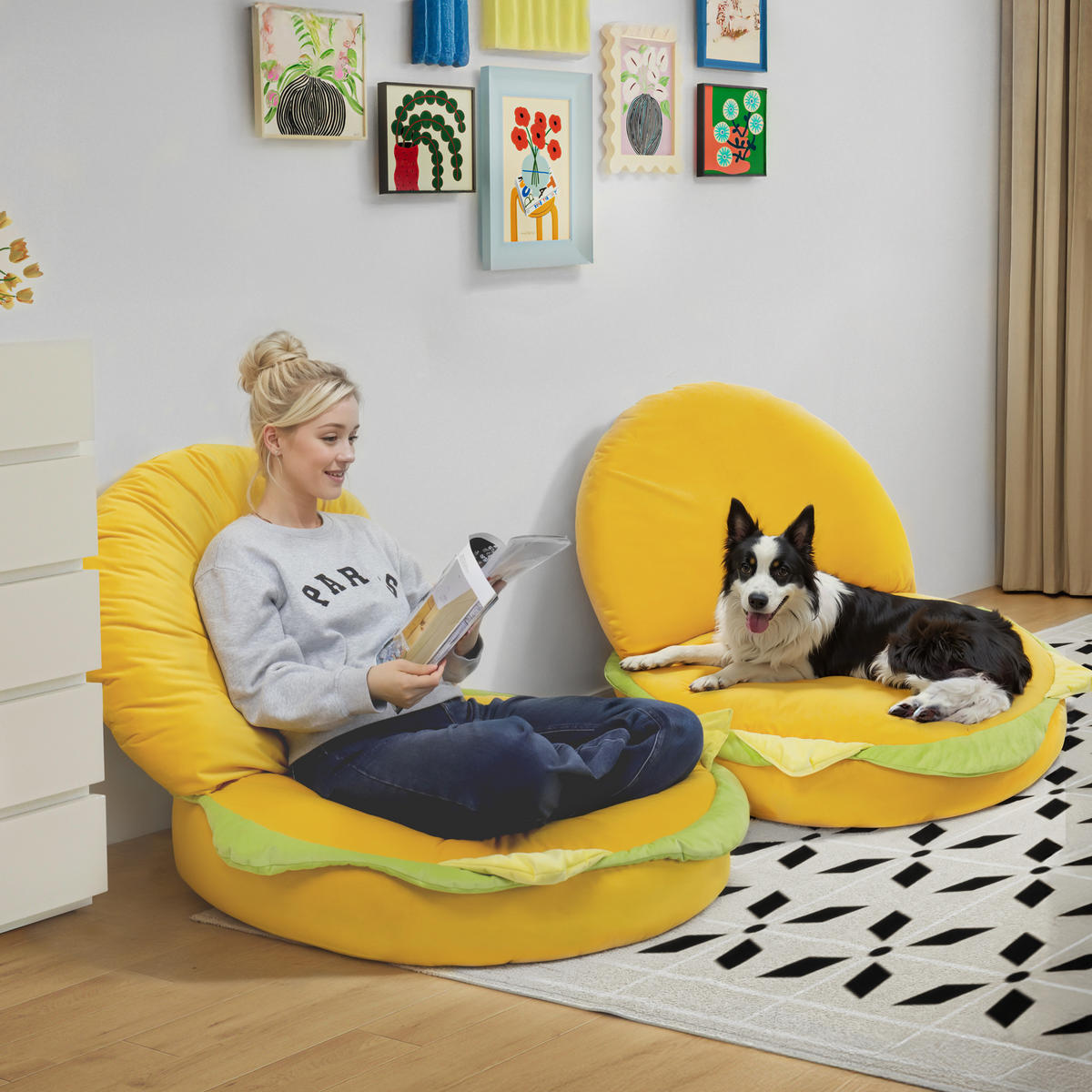 BODENSOFA Kissen in Hamburgerform - Gelb, Textil (90/90/21cm) - Vercart