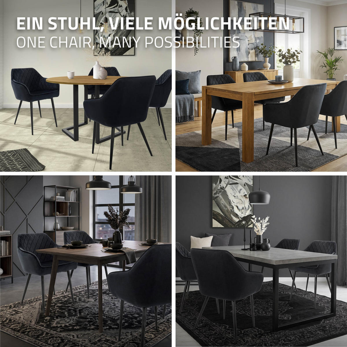 ESSZIMMERSTUHL Samt Schwarz 2er Set - Schwarz, Textil/Metall (63/80/60cm) - ML-DESIGN