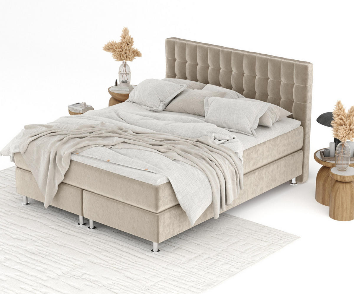 BOXSPRINGBETT Sorrento Beige 200/200 cm mit Latex-Topper - Beige/Silberfarben, Holz/Holzwerkstoff (200/200cm) - Maison de Reve