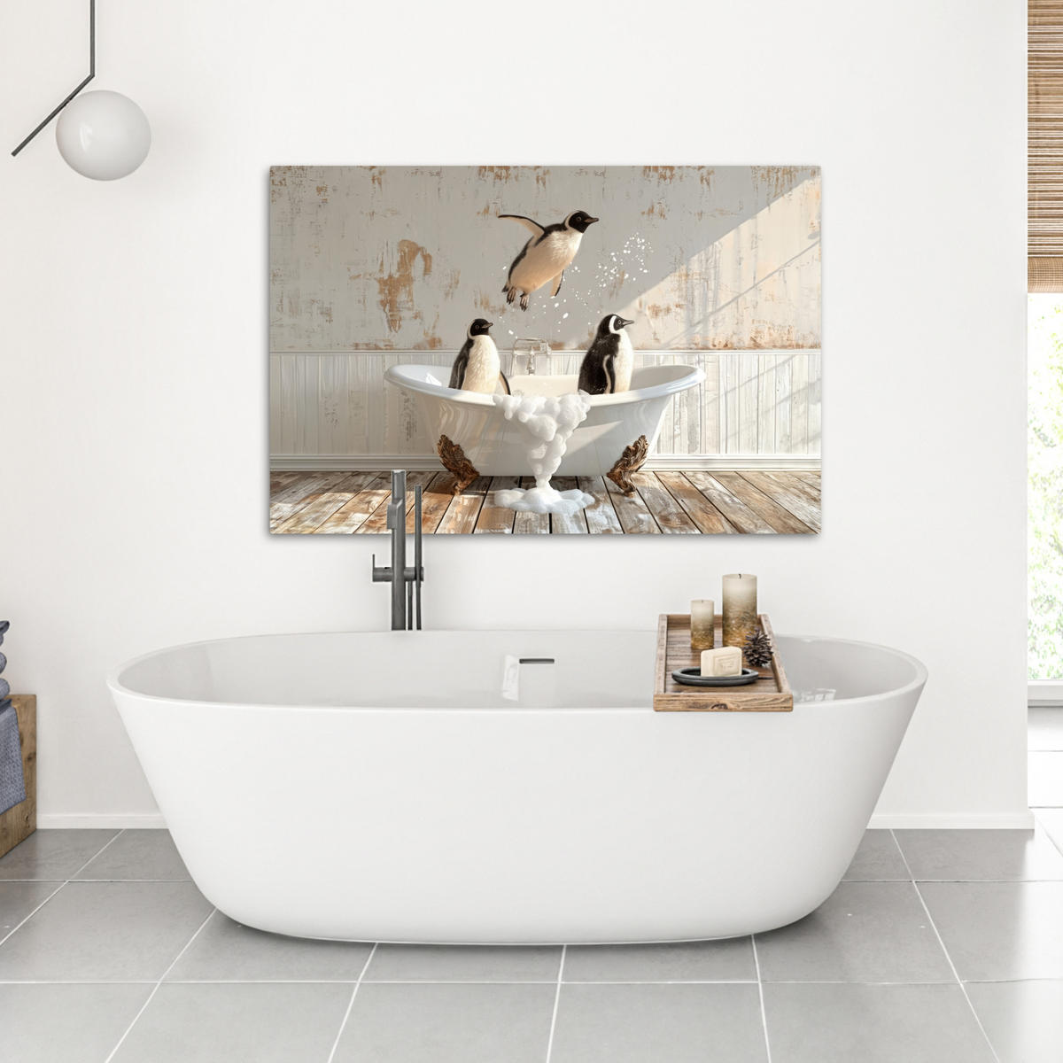 LEINWANDBILD Vintage - Pinguin - Badewanne - Schaumstoff Wohnzimmer 120x80 cm - Schwarz, Textil (120/80cm) - MuchoWow