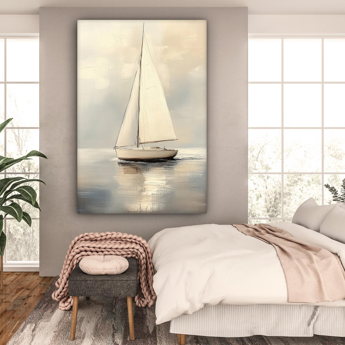 OBRAZ NA PLÁTNĚ Plachetnice - Moře - Oblačno 90x140 cm - krémová, textil (90/140cm) - MuchoWow