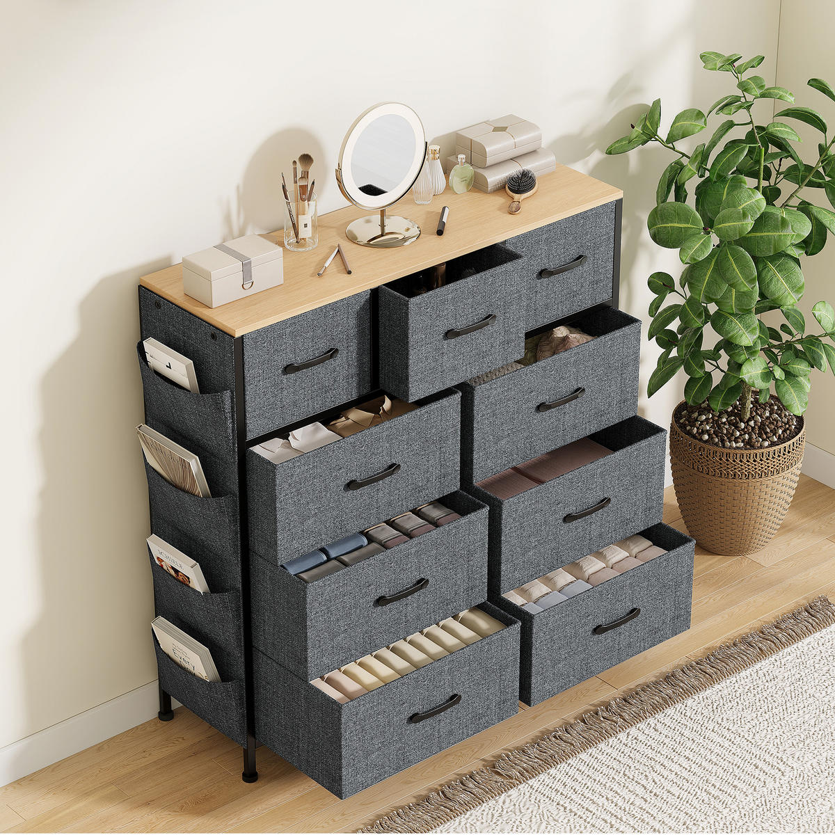 STOFFKOMMODE 9 Schubladen Vliesstoff leicht praktisch - Schwarz, Holzwerkstoff (30/100/98.8cm) - SHOPENTRA