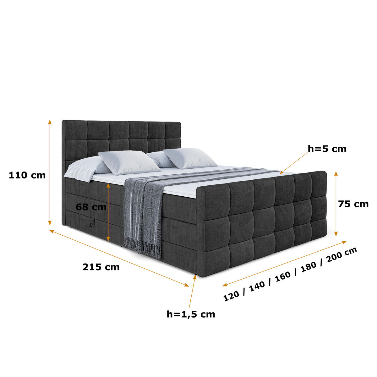BOXSPRINGBETT APO-Z KING - 120 x 200 - H3/H4 - Schwarz - Schwarz, Holzwerkstoff (120/200cm) - ALTDECOR