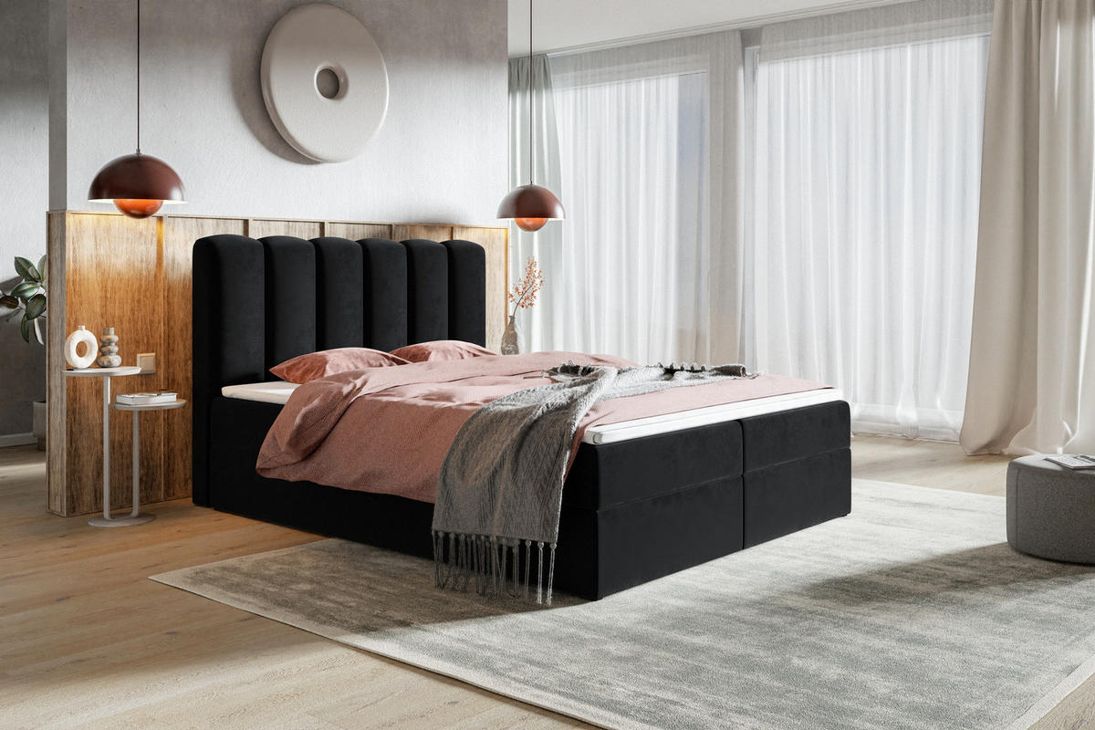 BOXSPRINGBETT 180x200 Rimini mit Matratze und Bettkasten, Schwarz - Schwarz, Holz/Textil (180/200cm) - Emporius