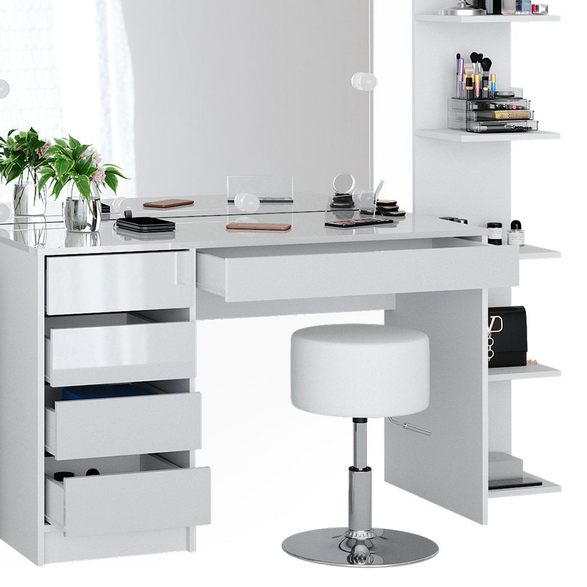 SCHMINKTISCH Sherry Weiß 5 Teile mit LED - Weiß, Holzwerkstoff (55/75/120cm) - Vicco