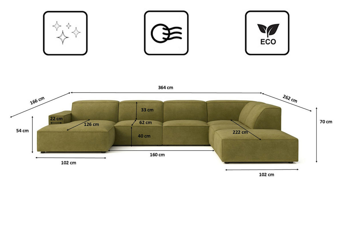 ECKSOFA Cursal V, Stoff Salvador, Olive, Rechts - Olivgrün, Holz (364/262cm) - Kaiser Möbel
