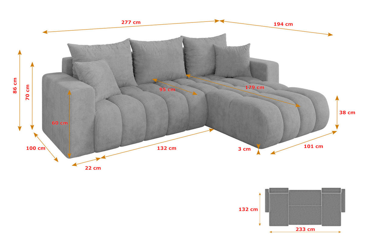 ROHOVÁ SEDAČKA s funkcí spaní, otoman vpravo MILA-L-v1 277x195x86 šedá manšestr - šedá/černá, kompozitní dřevo/textil (277/194cm) - ALTDECOR