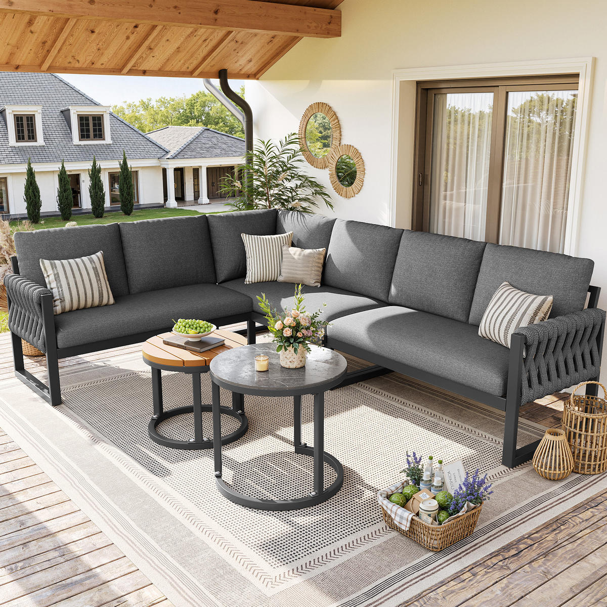 GARTENLOUNGE-SET 123/68/86 cm mit modularer Kombination, verstellbaren Tischbeinen und abnehmbaren Olefin-Bezügen, Grau - Grau, Metall - Redom