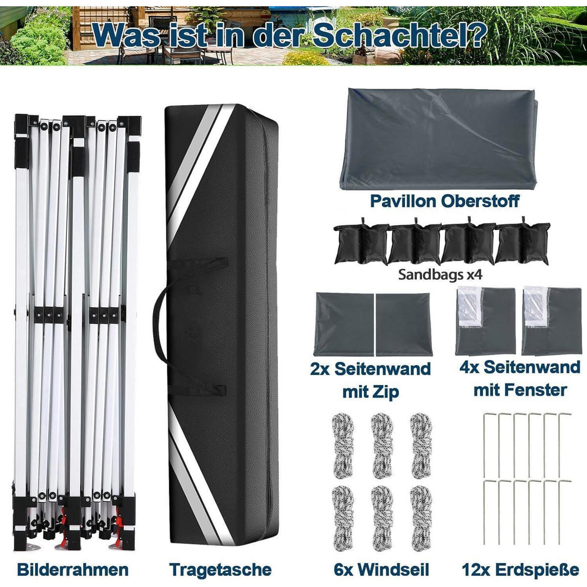 FALTPAVILLON 3x6m Grau Wasserdicht mit 6 Seitenwänden - Grau, Textil (299.7/294.6/599.4cm)