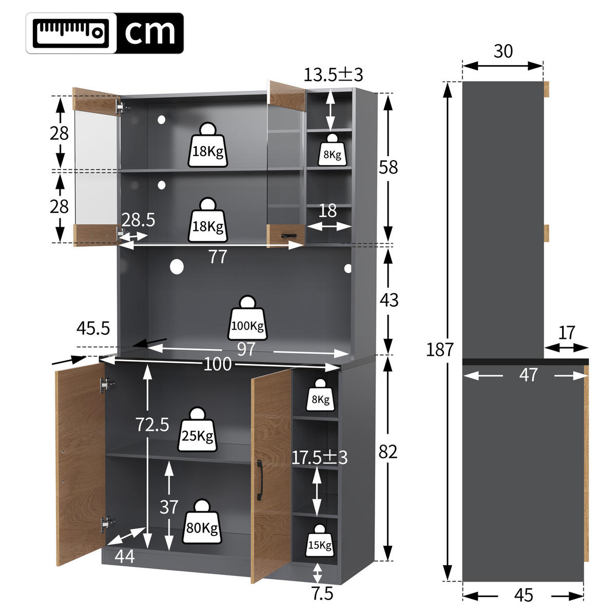 KÜCHENSCHRANK in Holz- und Schwarz-Optik mit LED - Schwarz, Holzwerkstoff (47/187/100cm) - Urban Meuble