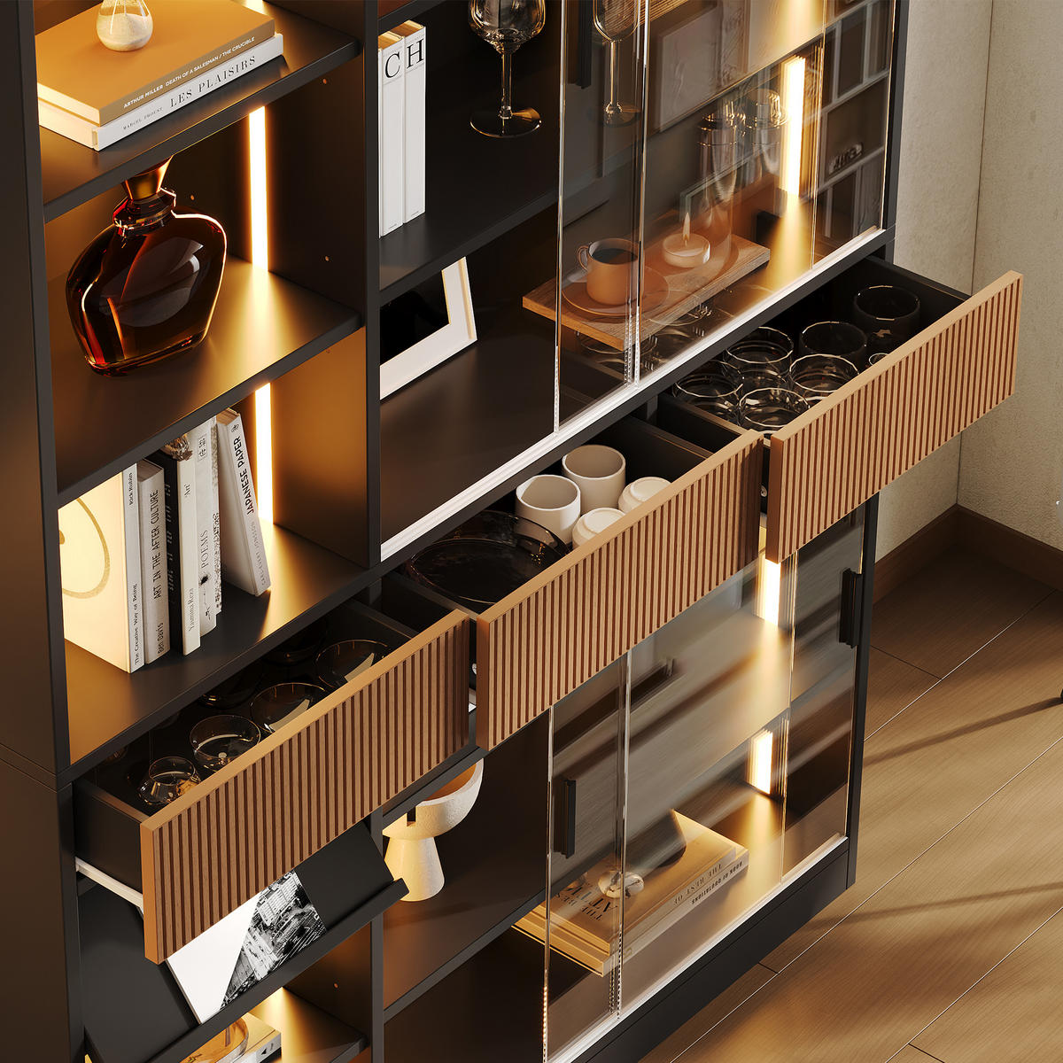 VITRINE 120x28,5x180 cm mit LED und Schiebetüren - Schwarz/Braun, Holzwerkstoff (120/180/28.5cm) - FLIEKS