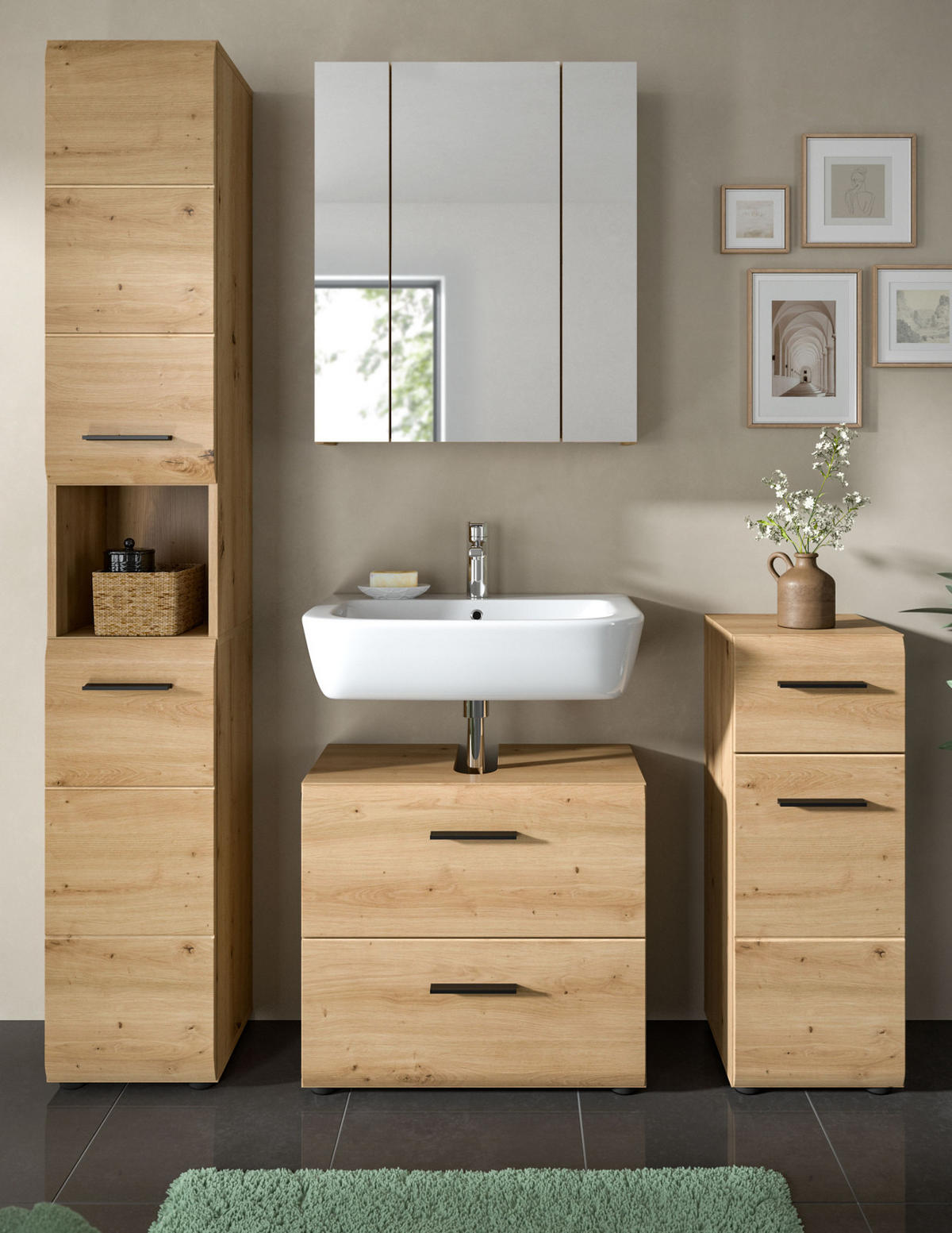 BADMÖBEL-SET 4-teilig in Artisan Eiche, 150 x 185 cm Badkombination, Cover - Schwarz/Eiche Artisan, Glas/Holzwerkstoff (150/185/30cm) - Inn.Furn