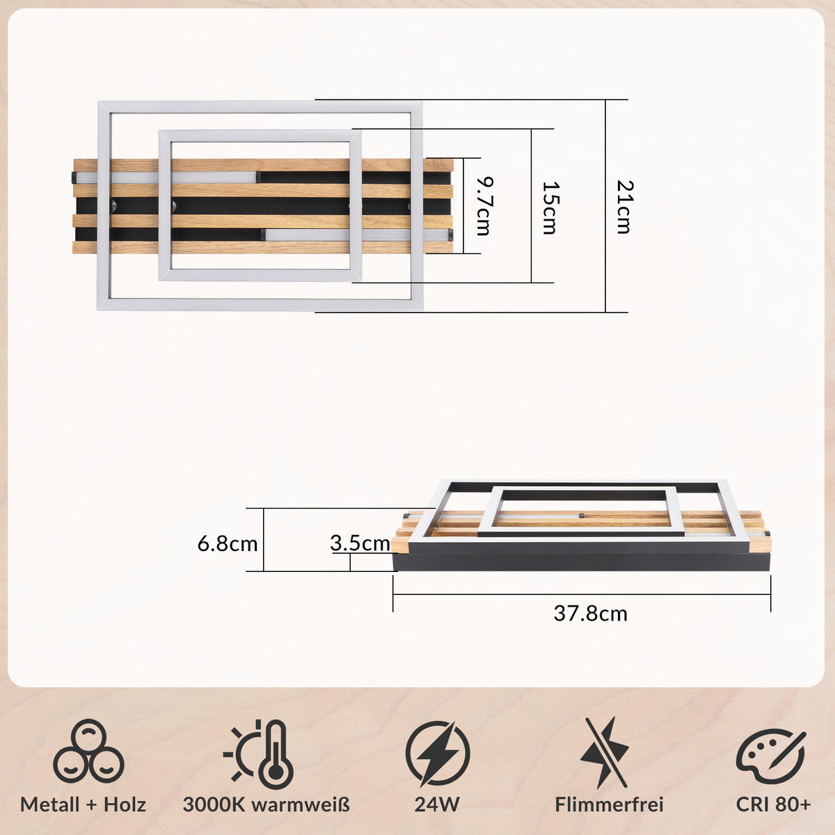 LED DECKENLEUCHTE Klenly 38/21/6.8 cm - Schwarz, Holz/Metall (38/21/6.8cm) - ZMH