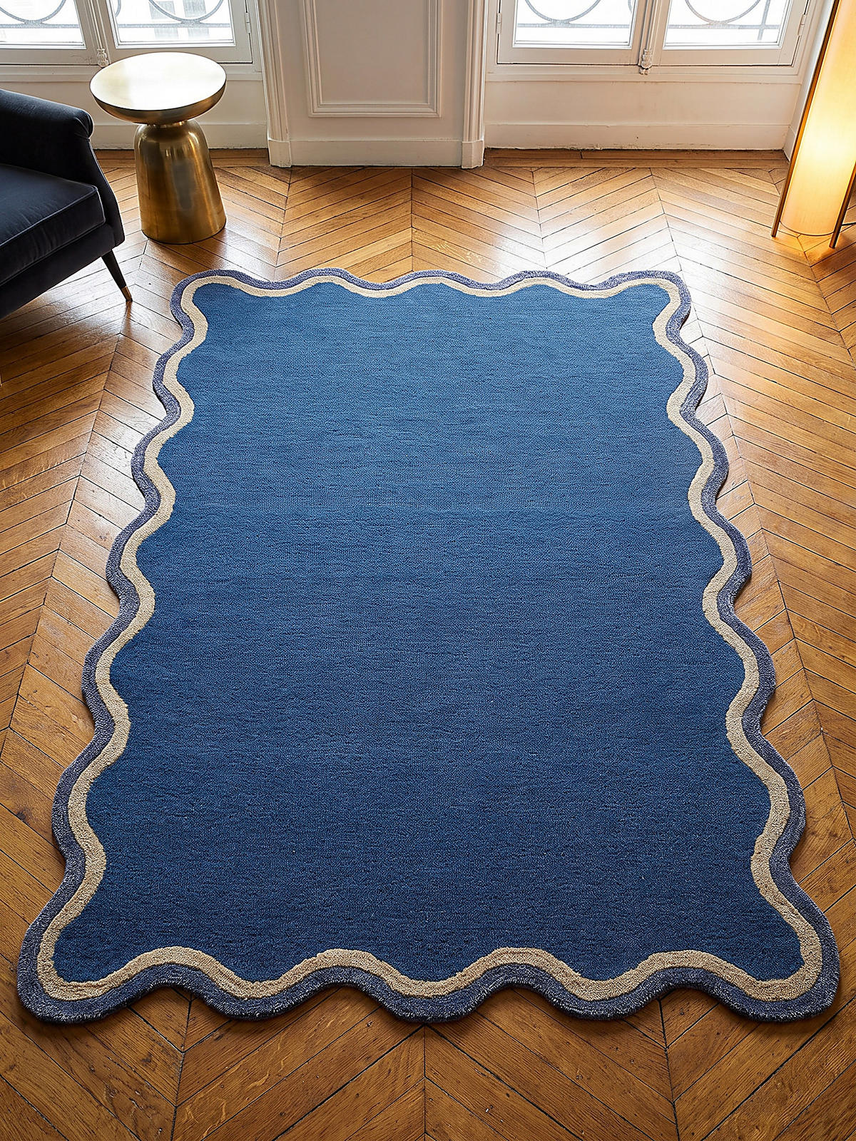 WOLLTEPPICH handgetuftet ALHAM, Wellenbordüre, Marineblau, 120 x 170 cm - Blau, Textil (120/170cm) - KADIMA DESIGN