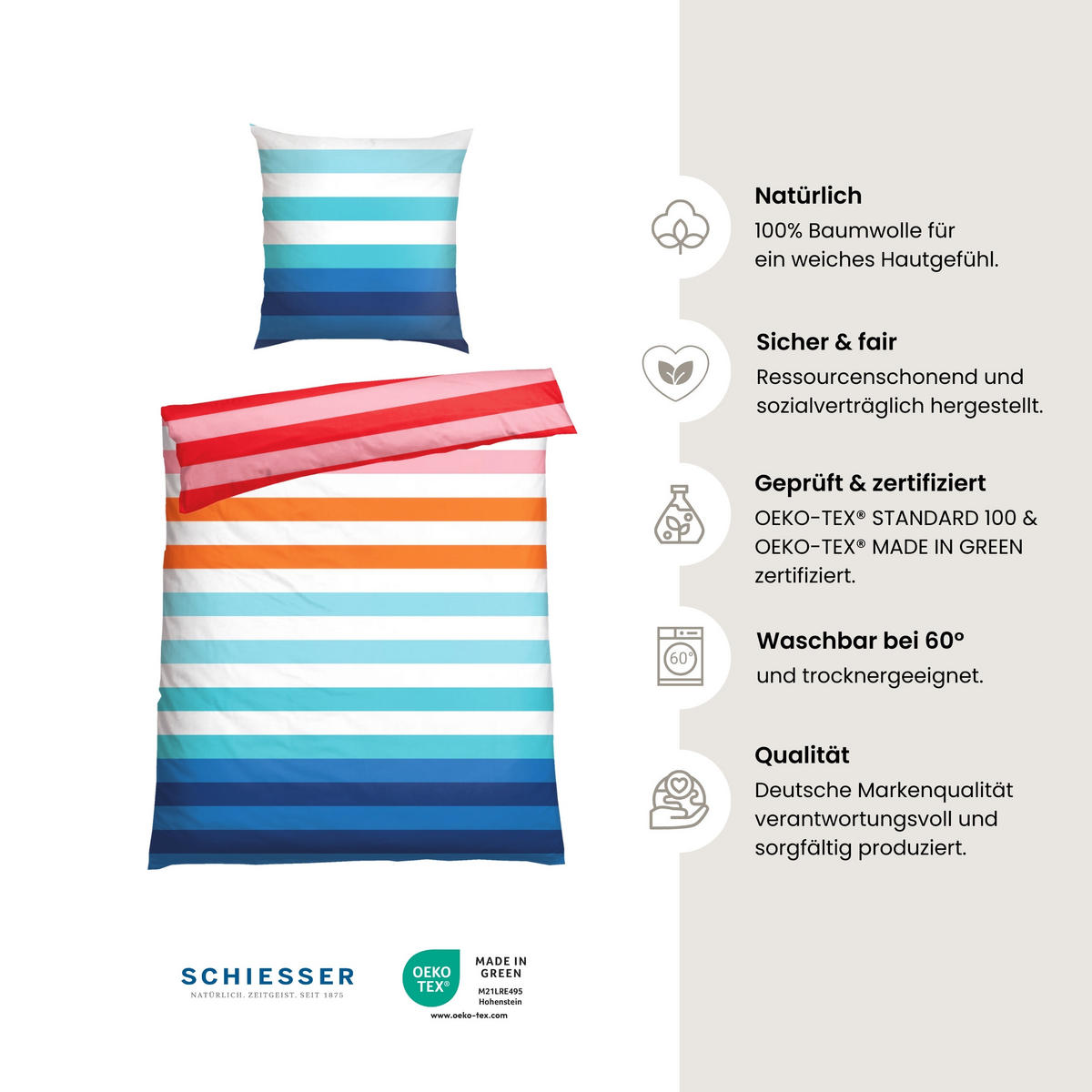 BETTWÄSCHESET Happy Stripe - Renforcé - 2-teilig - 135 x 200 cm - Türkis - Türkis, Textil (135/200cm) - SCHIESSER