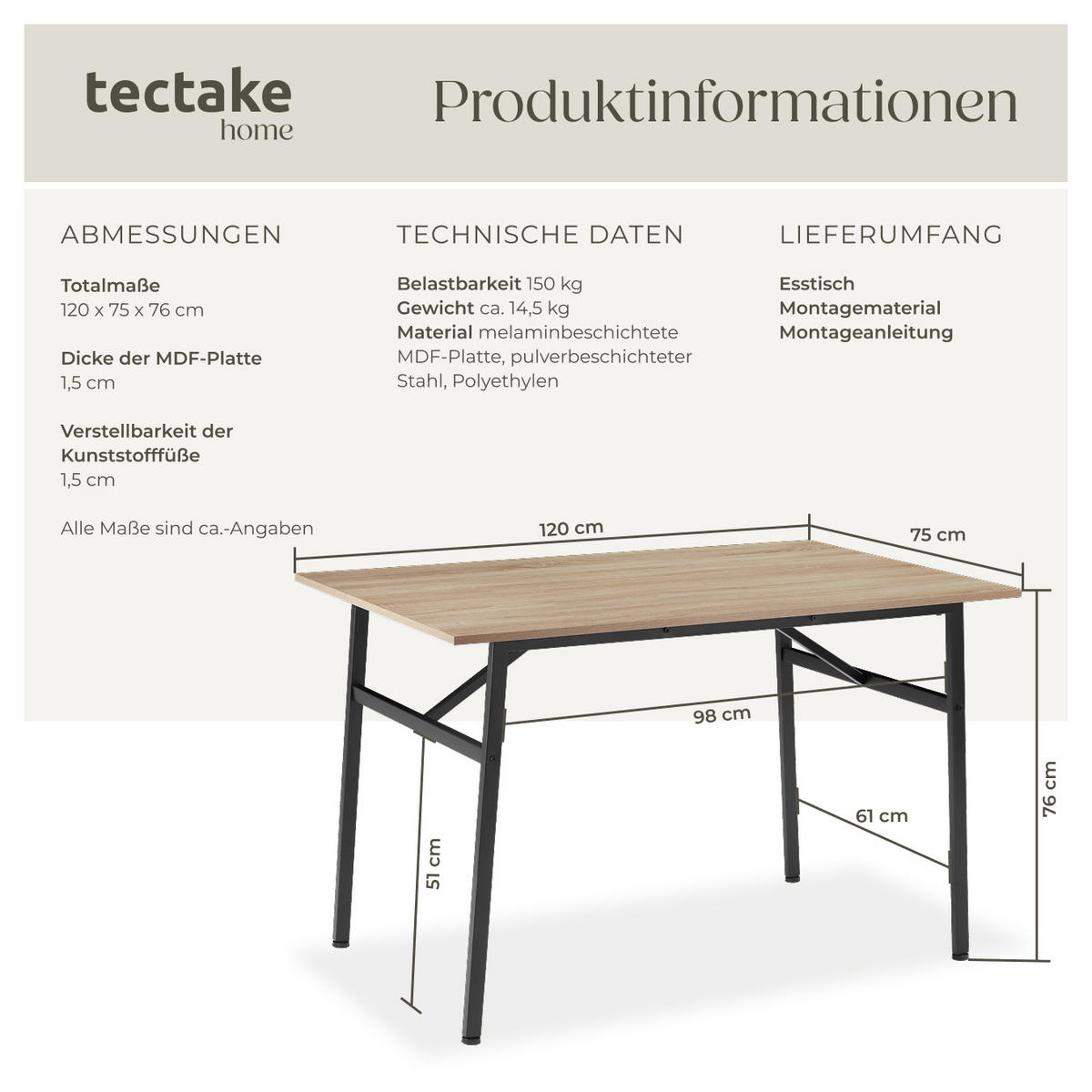ESSTISCH Swansea,120 x 75 x 76 cm,Industrial Holz hell, Eiche Sonoma - Naturfarben, Holz (120/75/76cm) - tectake