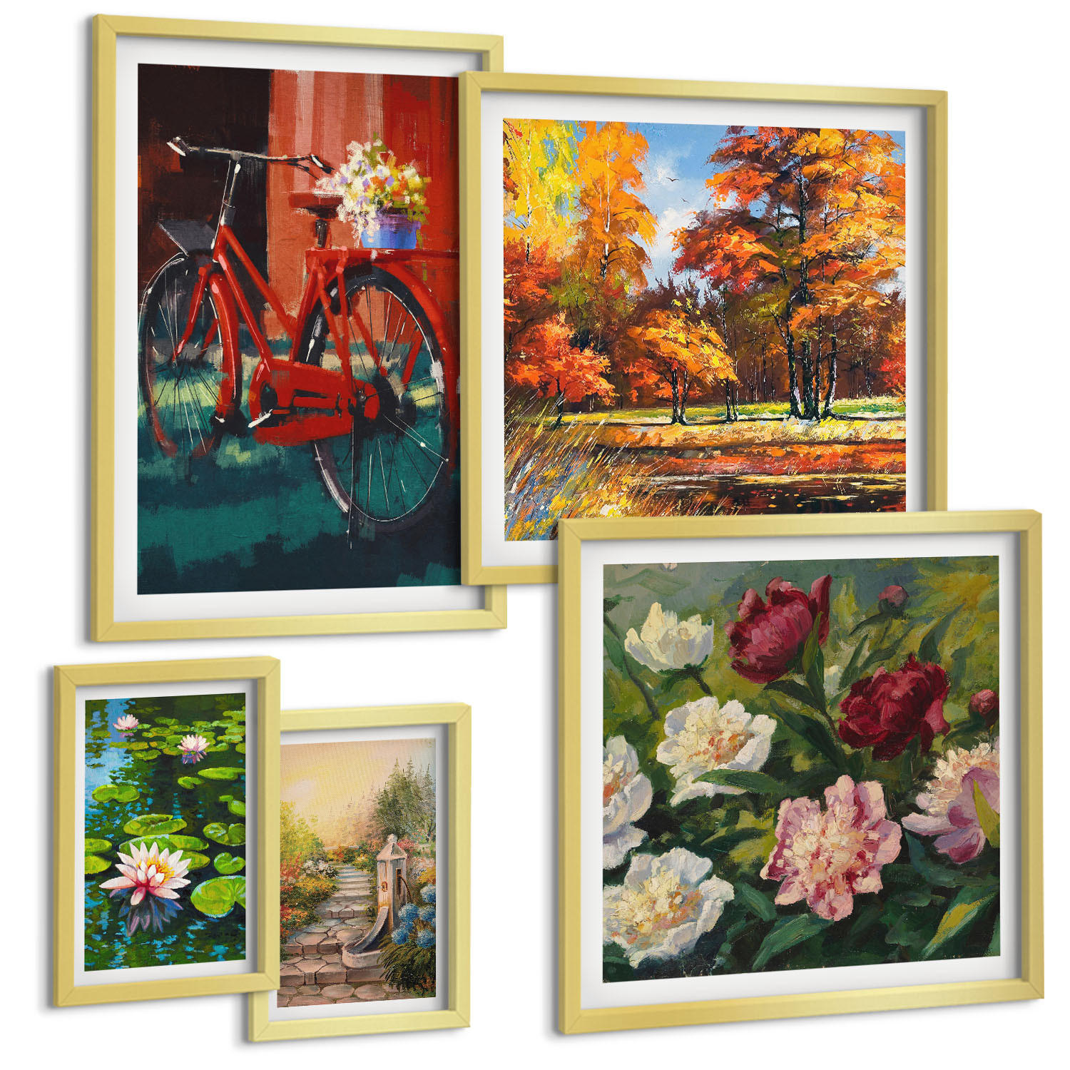 BILDER SET 5er Set - 50x50 cm & 20x30 cm & 40x60 cm Goldrahmen - Strand Holzsteg Klippen - Goldfarben, Kunststoff (40/60cm) - TULUP