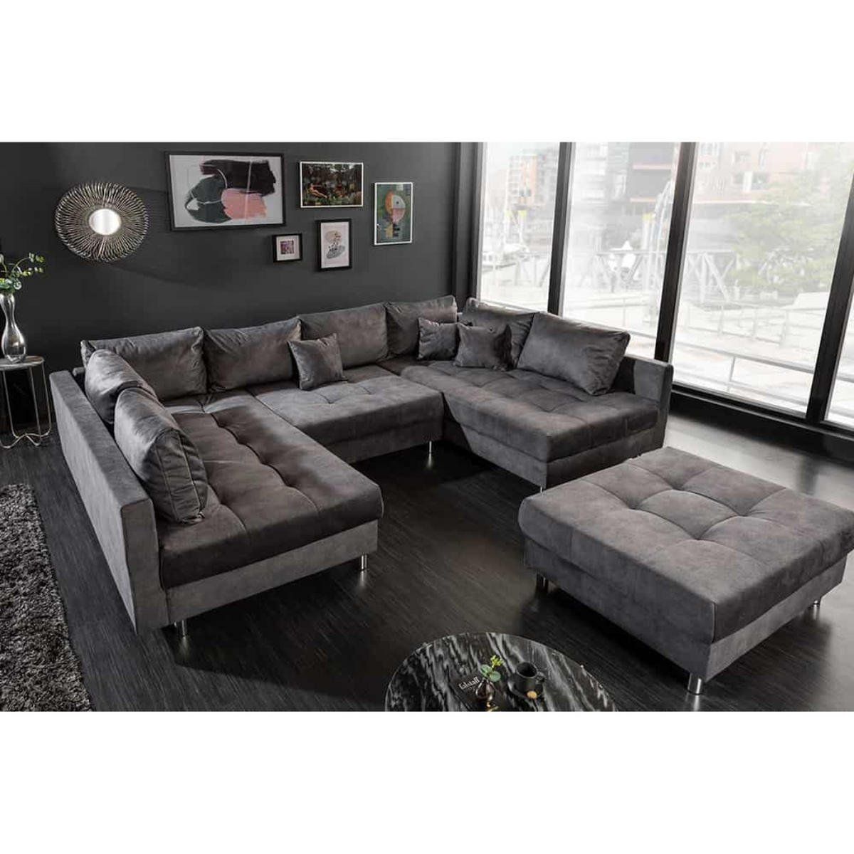 XXL WOHNLANDSCHAFT INKL. HOCKER KENT Samt Grau 305 cm - Silberfarben/Grau, Kunststoff/Textil (305/85/185cm) - riess-ambiente