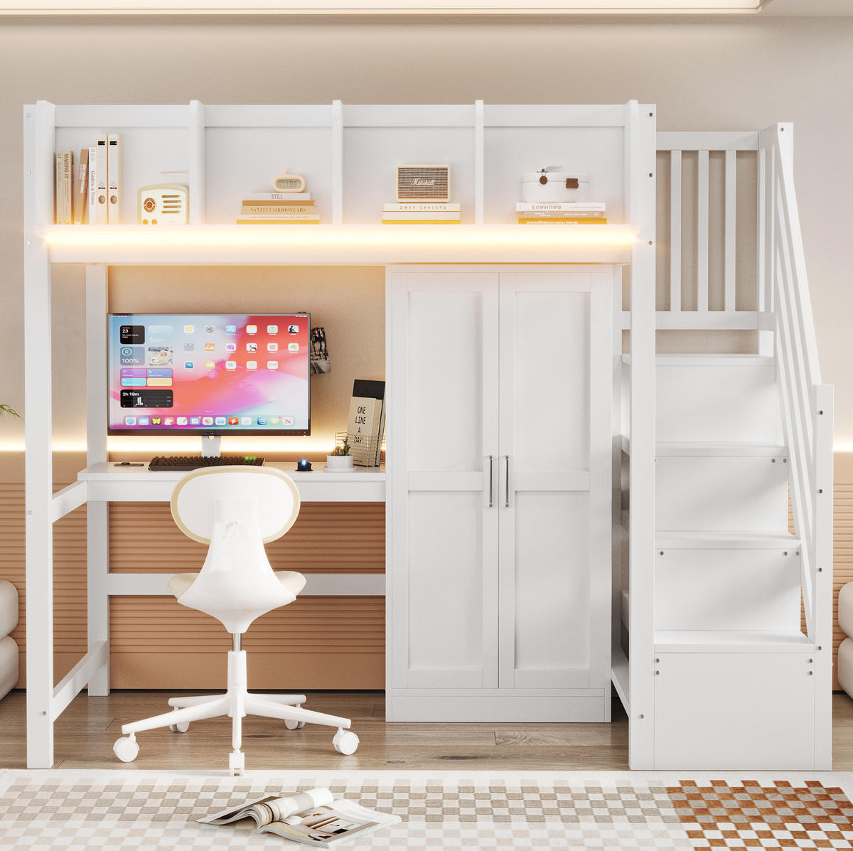 HOCHBETT 90/200 cm Weiß mit Schreibtisch, Kleiderschrank und LED - Weiß, Holz (90/200cm) - MIVRAY