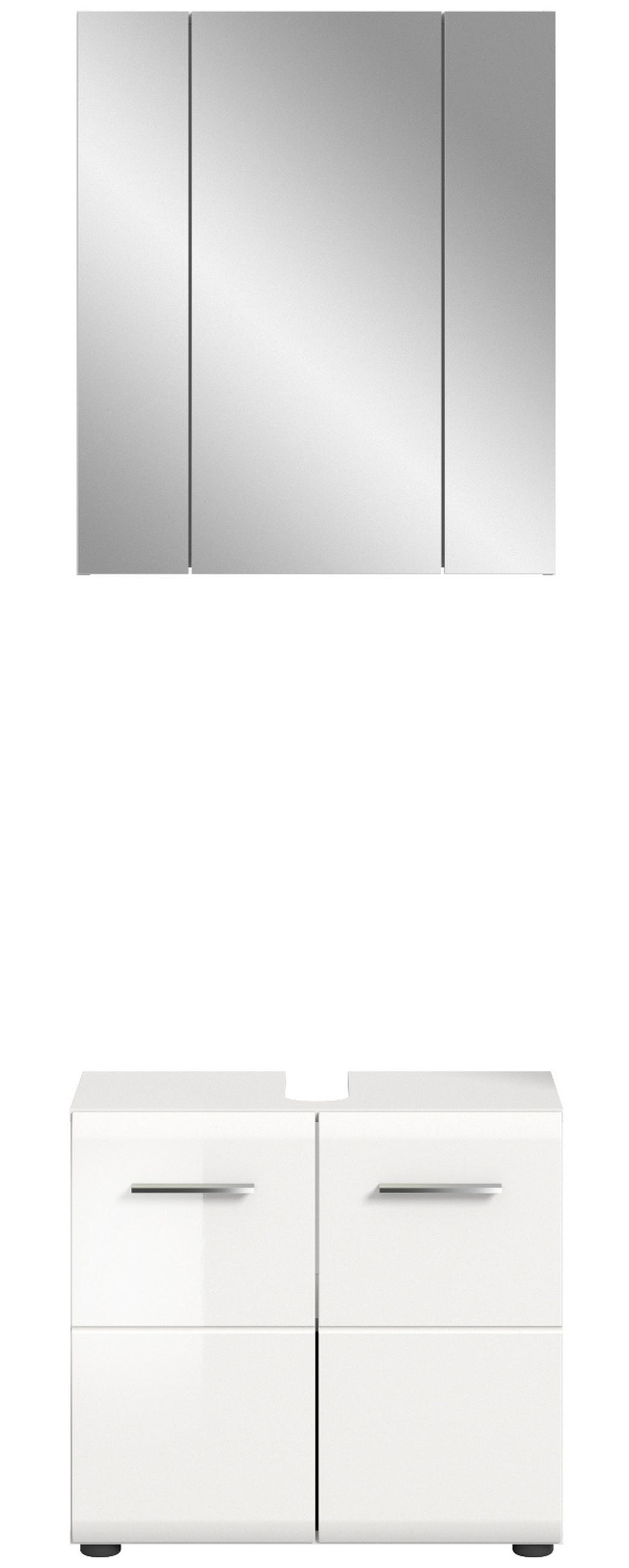 BADMÖBEL-SET weiß Hochglanz 2-teilig, Badkombination 60 cm - Weiß Hochglanz/Silberfarben, Glas/Holzwerkstoff (60/185/30cm) - Inn.Furn