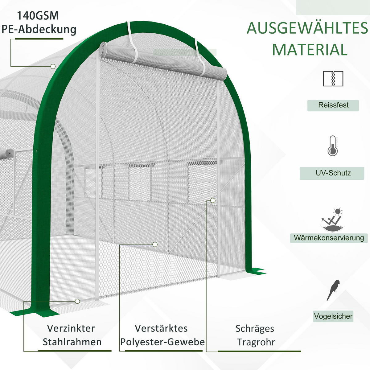 FOLIENGEWÄCHSHAUS mit Rolltür mit Fenster, Verzinkter Stahl, PE, Polyester, Weiß - Weiß, Kunststoff/Metall (210/210/358cm) - Outsunny