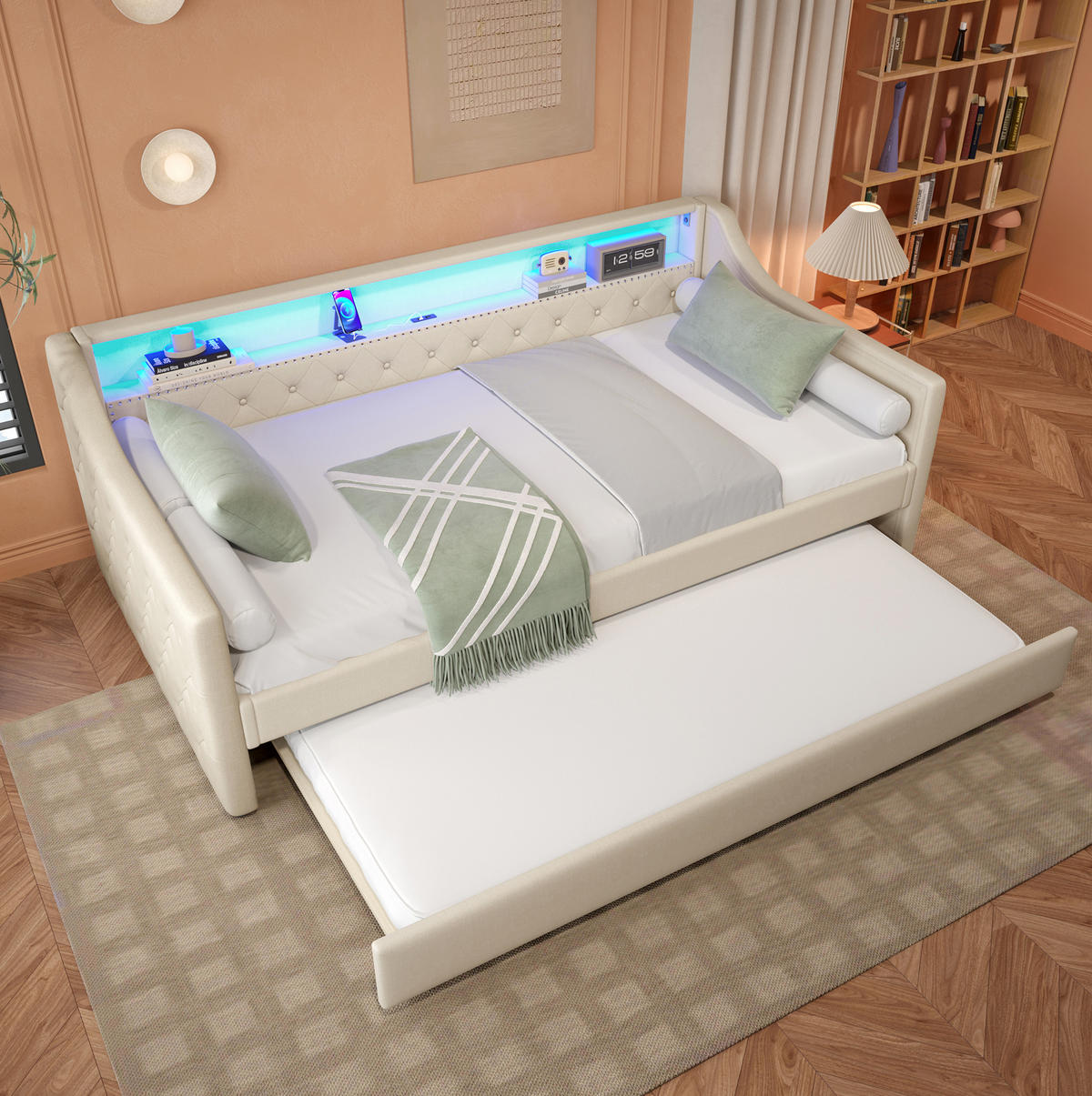 POLSTERBETT 90/200 cm Beige aus Leinen mit Ausziehbett und LED-Beleuchtung - Beige, Textil (90/200cm) - OKMYHOME