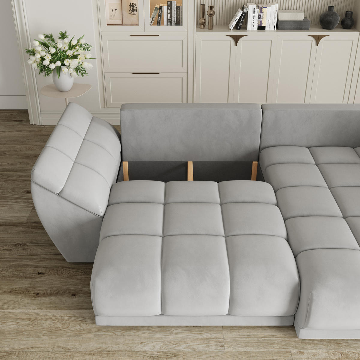 ECKSOFA ORENTI R-S Hellgrau Velours-Stoff mit Schlaffunktion - Hellgrau, Holz (287/182cm) - MASSENO