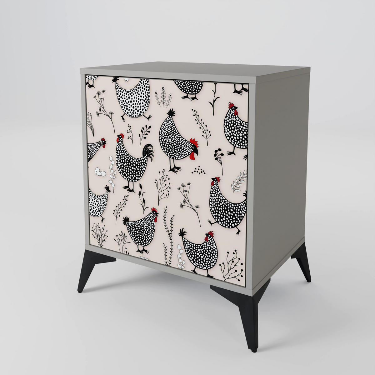 SIDEBOARD HAPPY HENS, Grau, 57,5x42x67,5 cm, Schwarze Metall-Rahmenfüße - Multicolor/Schwarz, Holzwerkstoff/Metall (57.5/67.5/42cm) - SpaceRebels