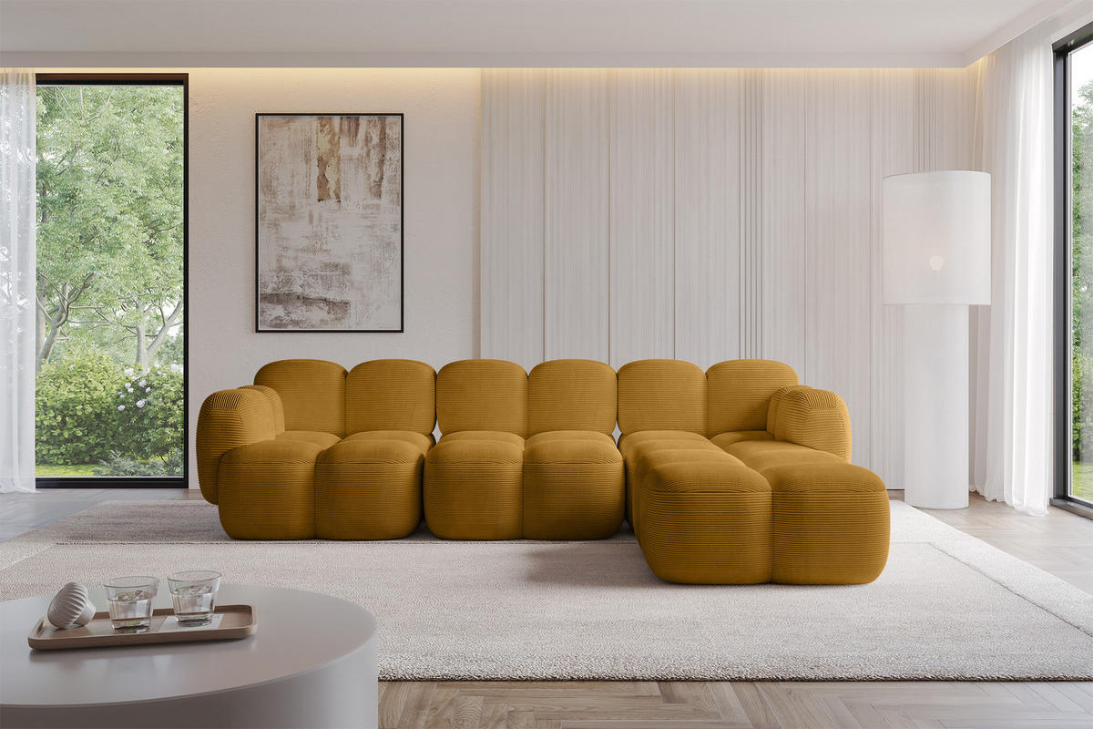 ECKSOFA modulares Sofa Rechts Miko-L2 302x205x75 Senfgelb Cord - Schwarz/Honig, Holzwerkstoff/Kunststoff (302/205cm) - ALTDECOR