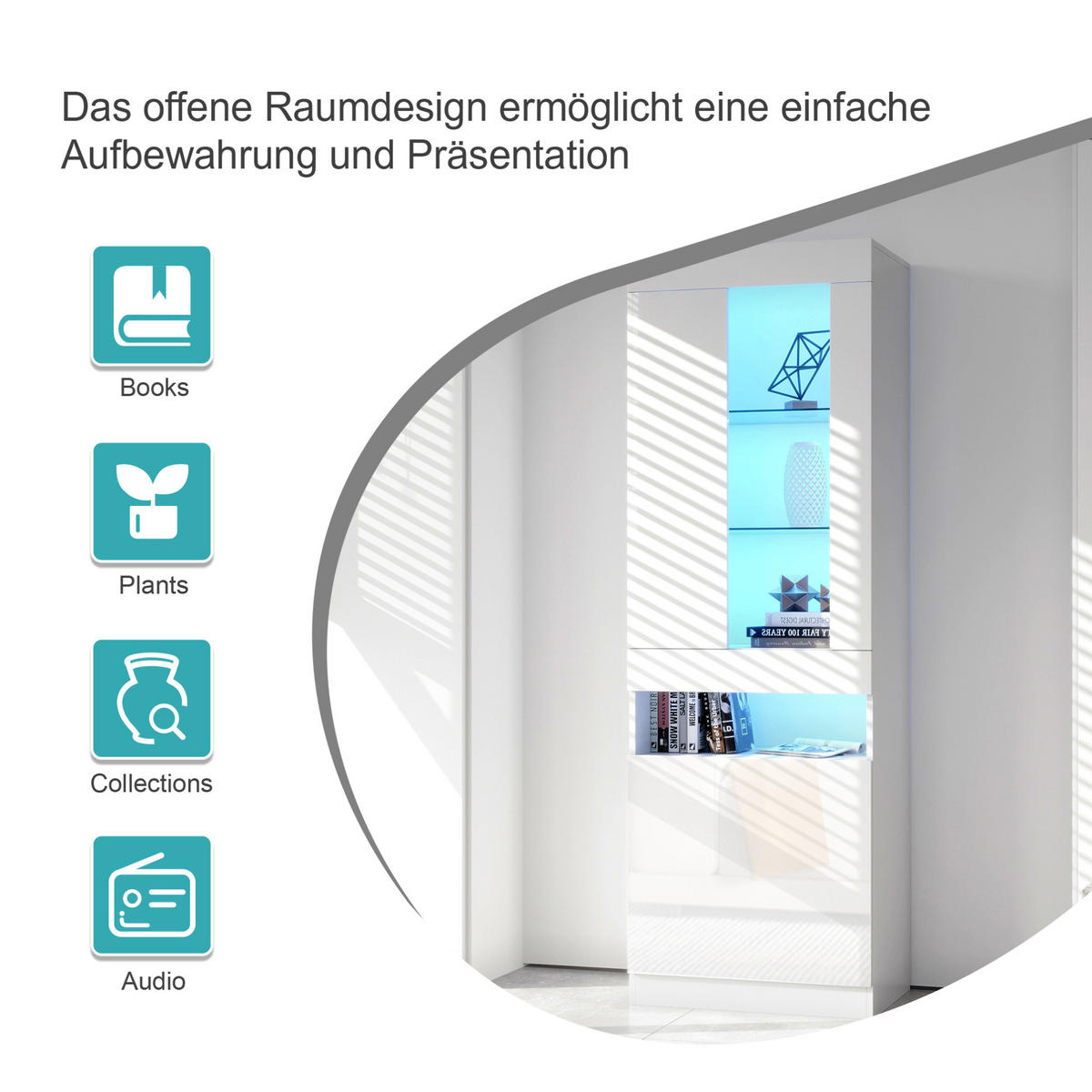 VITRINE 50/40/180 cm Weiß aus Spanplatte mit LED-Beleuchtung - Weiß, Holzwerkstoff (40/180/50cm) - OKMYHOME