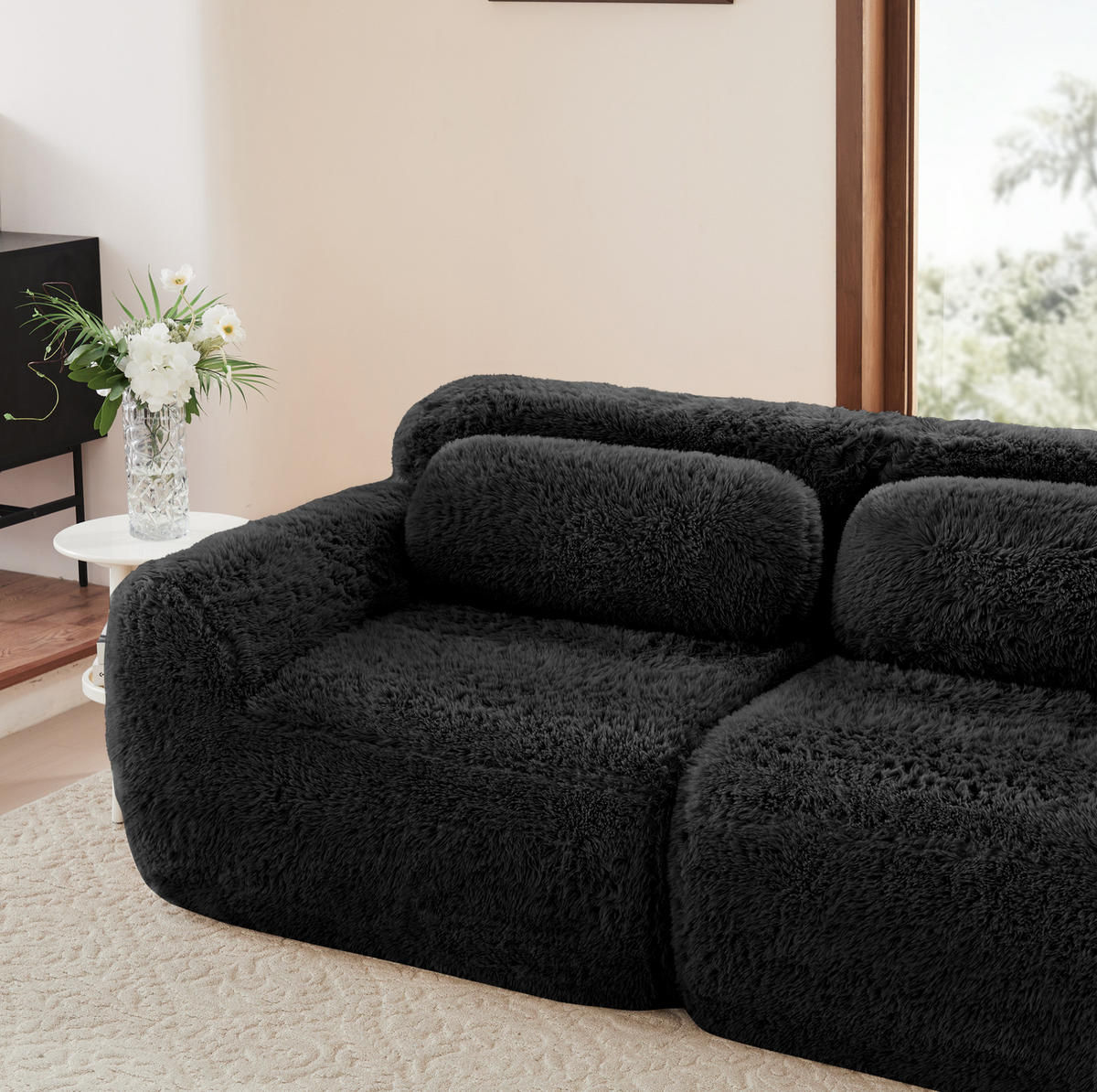 ECKSOFA 291/179/73 cm schwarz aus Plüsch mit U-Form, rutschfester Basis und Kissen - Schwarz, Textil (179/291cm) - OKWISH