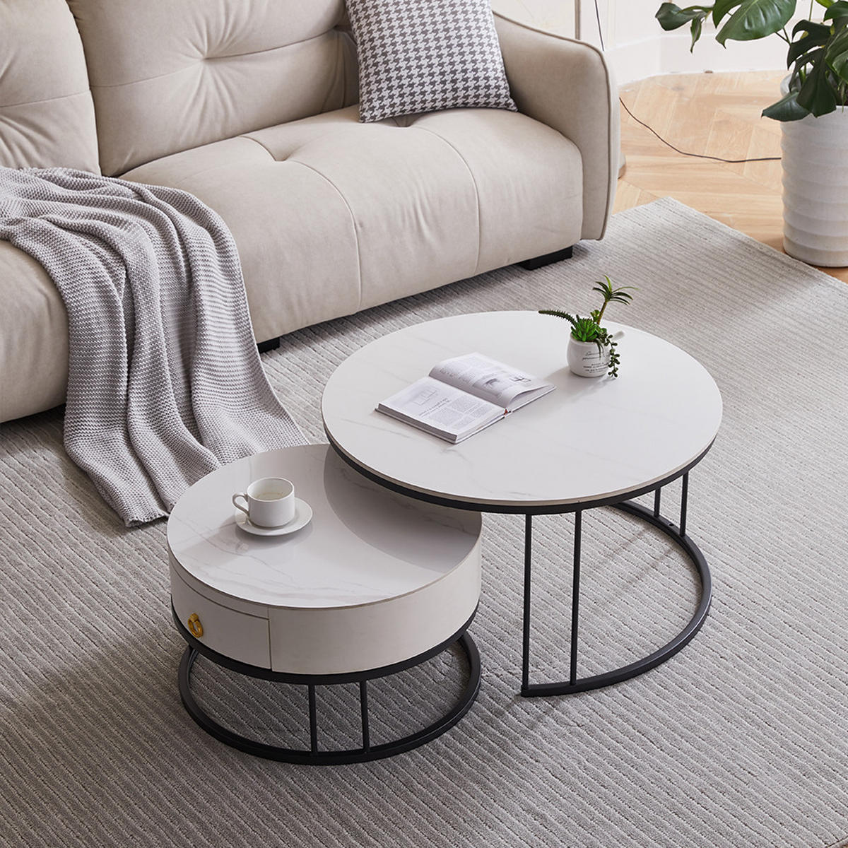 COUCHTISCH 2er-Set mit Schieferplatte und Schublade - Weiß, Holzwerkstoff (70/70/45cm) - OKWISH