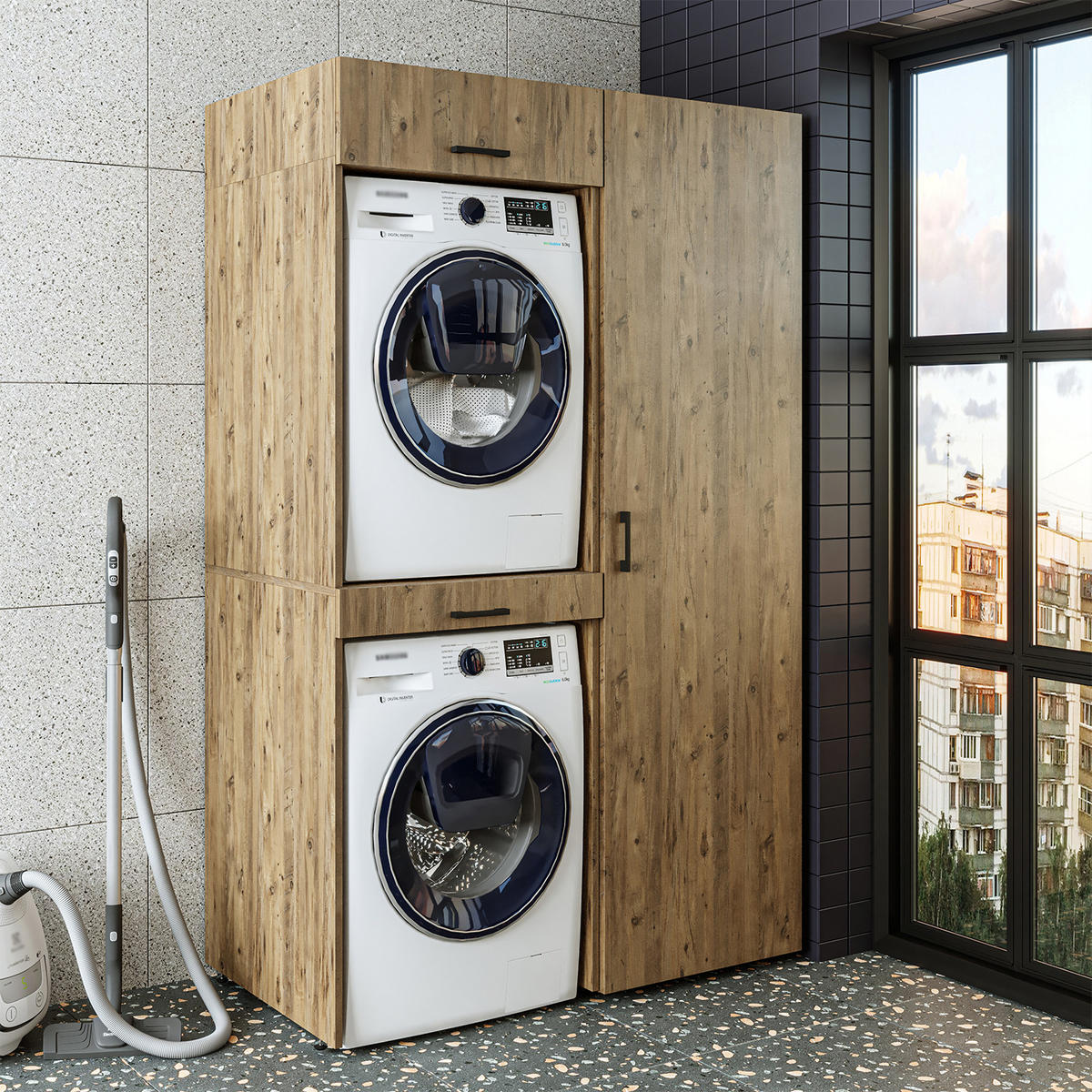 WASCHMASCHINENSCHRANK DUO-I 127cm Breit, 205cm Hoch - Eichefarben, Holzwerkstoff (127/205/67cm)