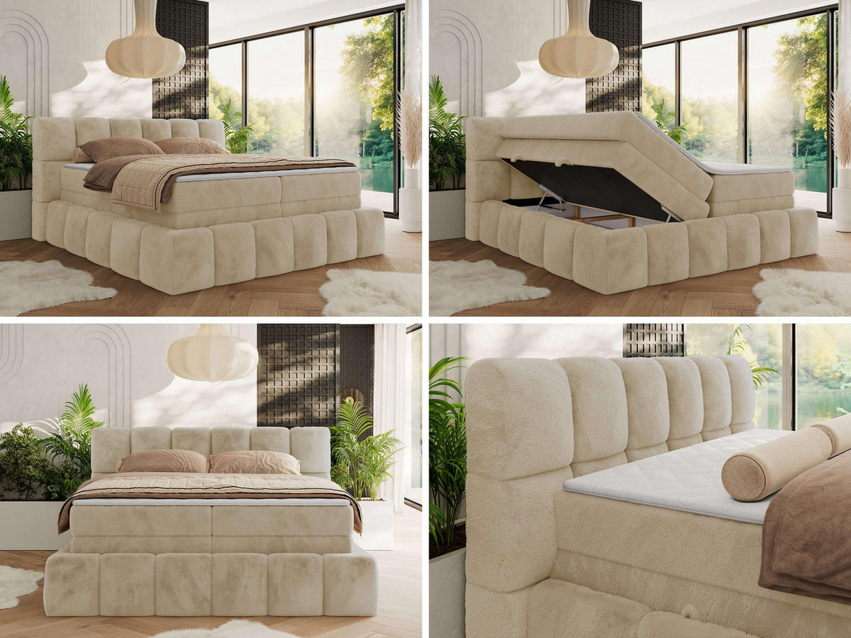BOXSPRINGBETT NIRA KING 120/200 Creme Plüsch - H3 - Creme, Holz/Textil (120/200cm) - MKS