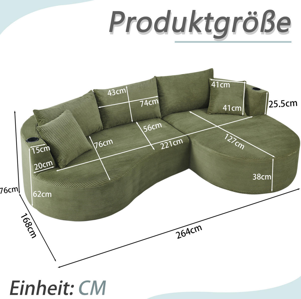 3-SITZER Sofa mit Getränkehaltern, bogenförmigem Design und Kissen, Grün - Grün, Kunststoff (264/76/168cm) - Redom
