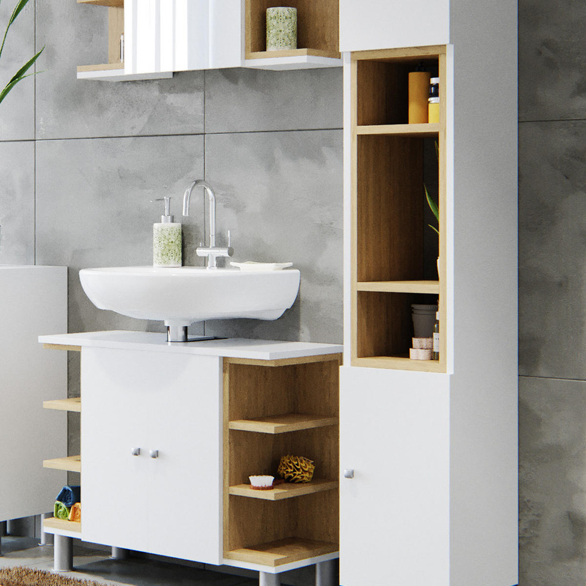 BADMÖBEL-SET Aquis Weiß 3 Teile, mit Hochschrank - Weiß/Sonoma Eiche, Holzwerkstoff (79.6/64/32cm) - Vicco