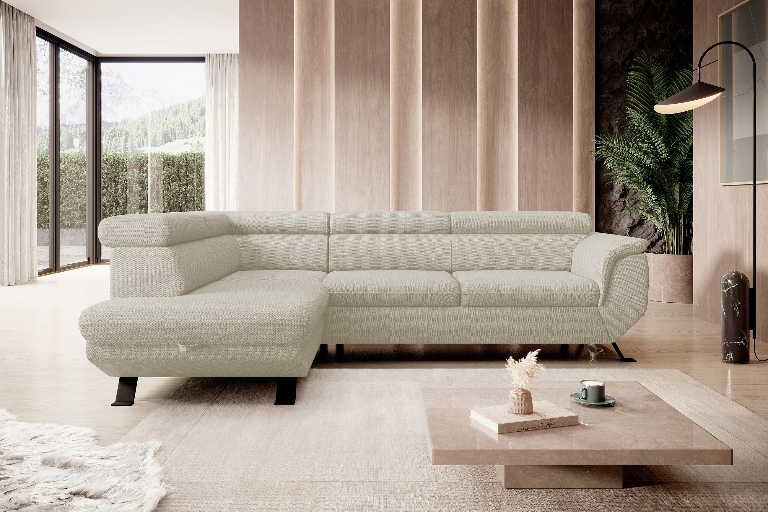 ECKSOFA RAVEN L mit Schlaffunktion und Bettkasten, Freistehend, Polstersofa mit Verstellbaren Kopfstützen, 257x198x96 cm, Linke, Beige - Beige, Holz/Textil (198/256cm) - DomoHome