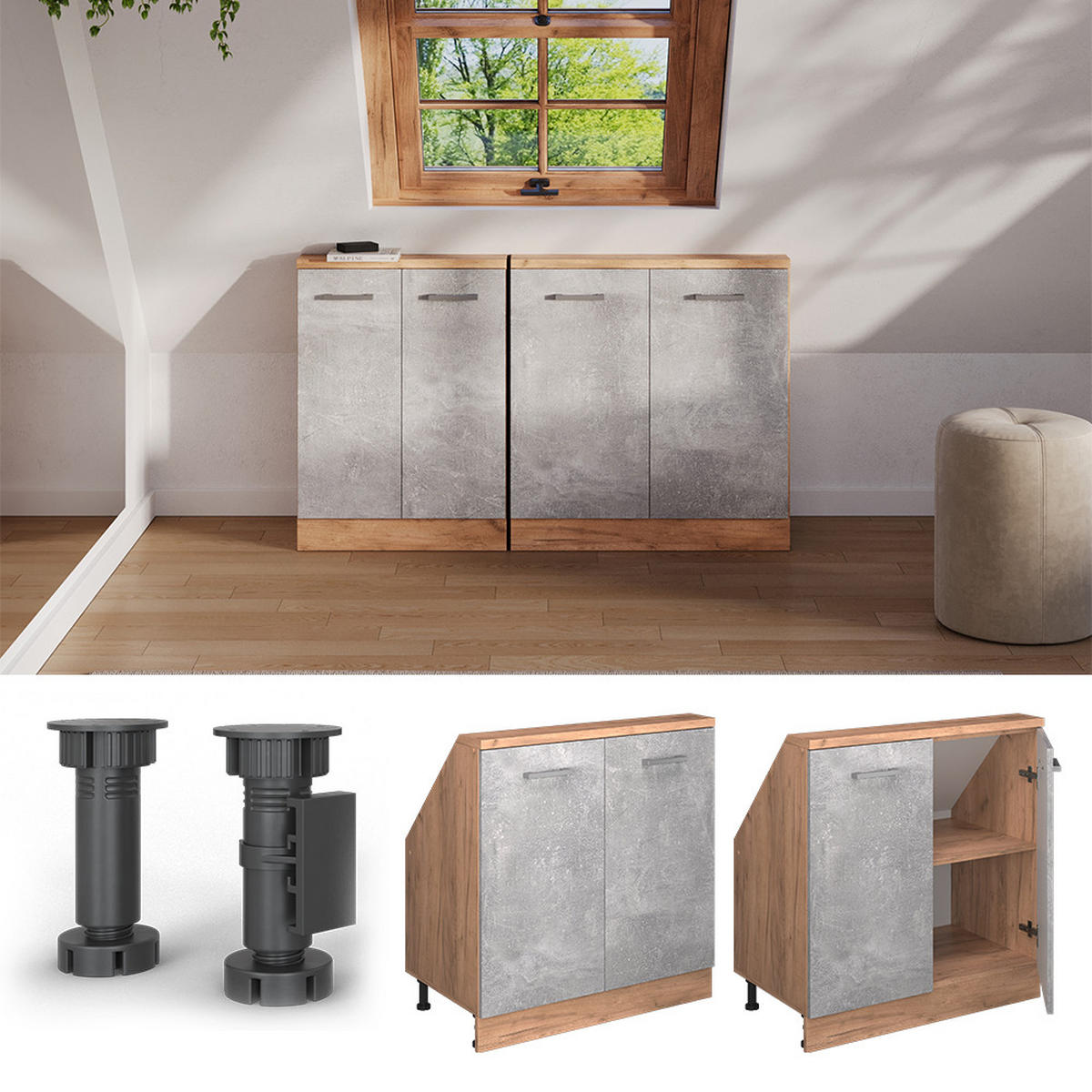 KUCHYŇSKÁ SKŘÍŇKA POD ŠIKMOU STŘECHU R-Line Beton/zlatý dub - šedá/medově dubová, kompozitní dřevo (80/81.6/46cm) - Vicco