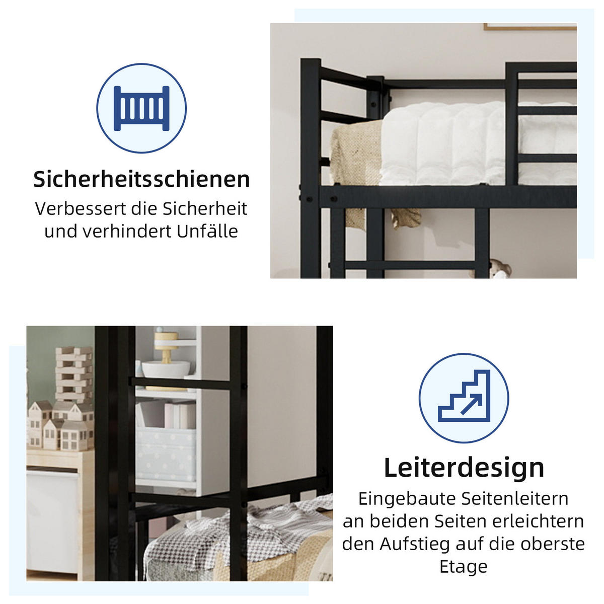 ETAGENBETT 90/200 cm Schwarz mit Leiter und Sicherheitsgeländer, Eisen - Schwarz, Metall (90/200cm) - Oxeza