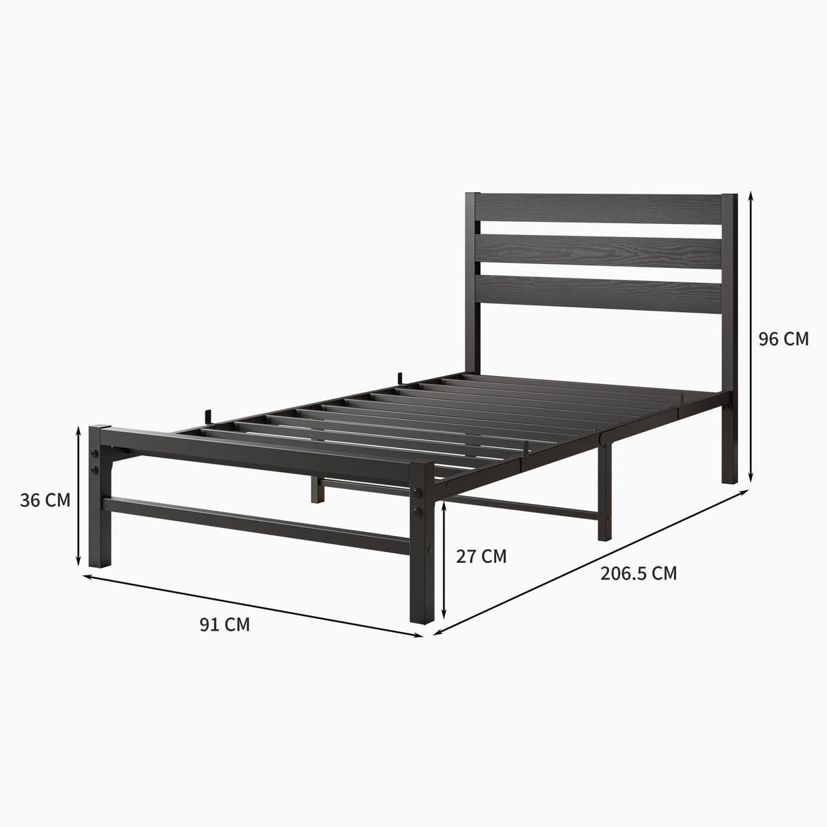 METALLBETT 90/200 mit Stauraum unter dem Bett, mit Lattenrost - Schwarz, Metall (90/200cm) - STILVORA