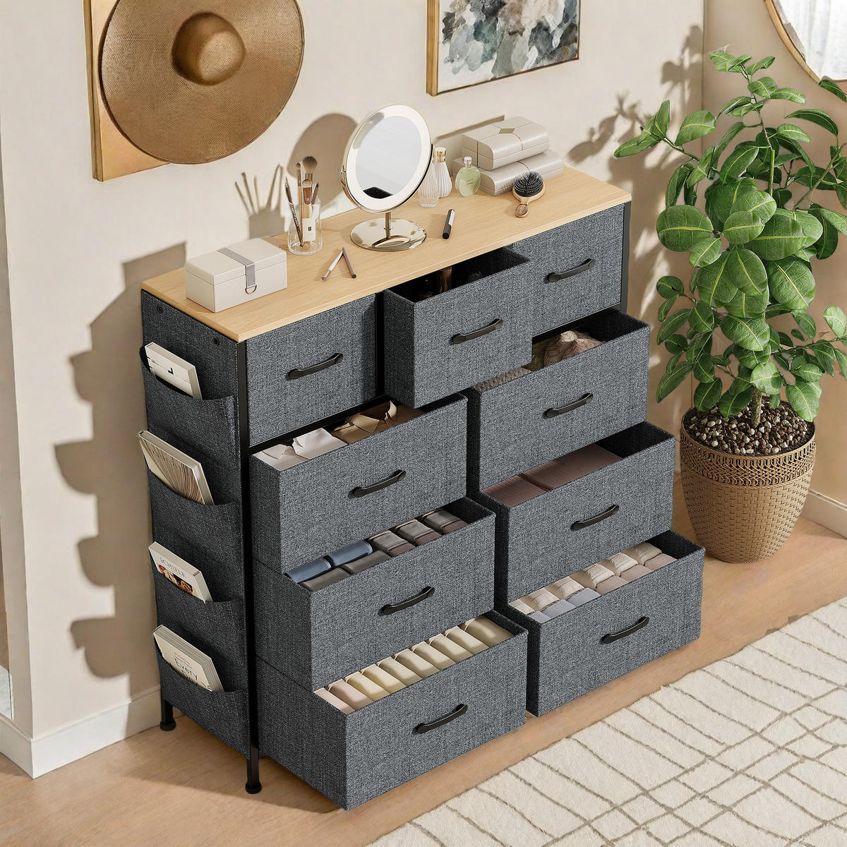 STOFFKOMMODE 9 Schubladen Vliesstoff leicht praktisch - Schwarz, Holzwerkstoff (30/100/98.8cm) - SHOPENTRA