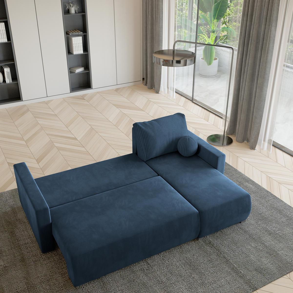 ECKSOFA SORGE Blau Plüsch-Stoff mit Schlaffunktion - Blau, Holz (220/143cm) - MASSENO