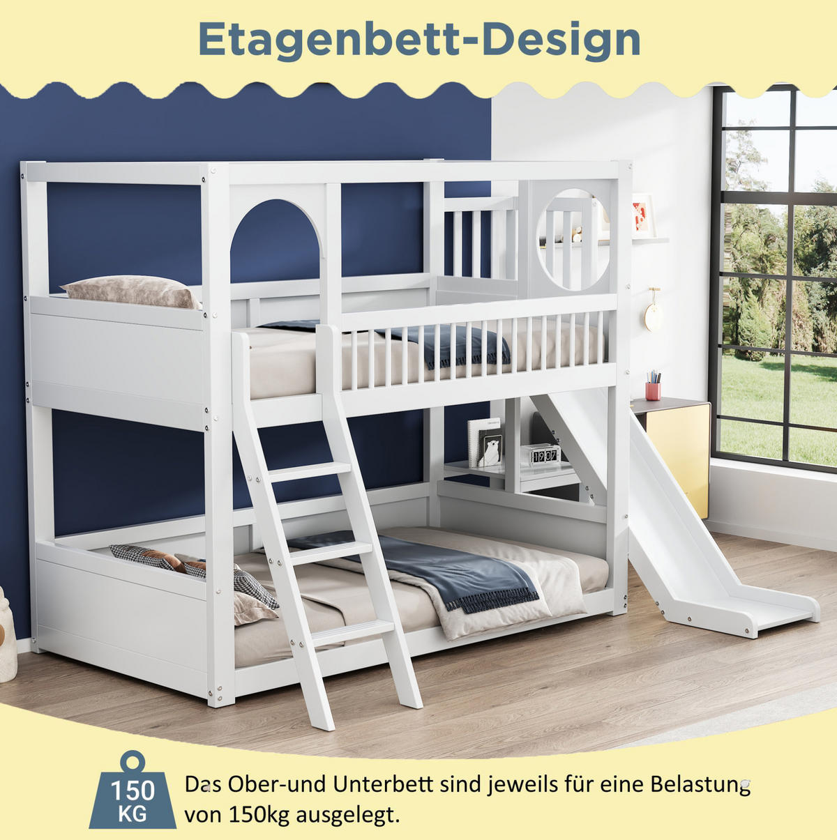 ETAGENBETT 90/200 cm aus Kiefer mit Rutsche und Regalen in Weiß - Weiß, Holzwerkstoff (90/200cm) - BEAOK