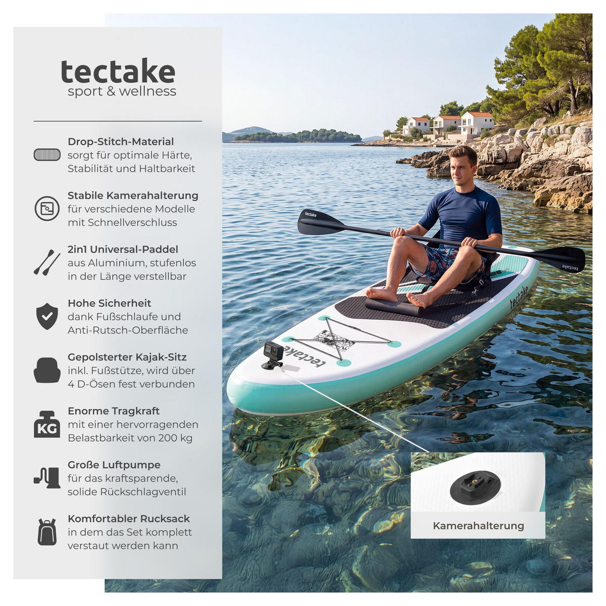STAND-UP PADDLE BOARD Zenon, Belastbarkeit 200 kg, inklusive Kajak-Sitz, weiß/türkis - Weiß, Kunststoff (320/84/0.4cm) - tectake